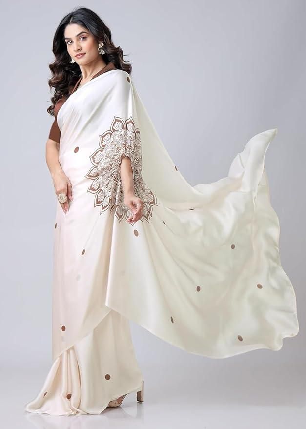 🤍 Satin Silk Printed Kaftan Saree With Unstitched Blouse🤍