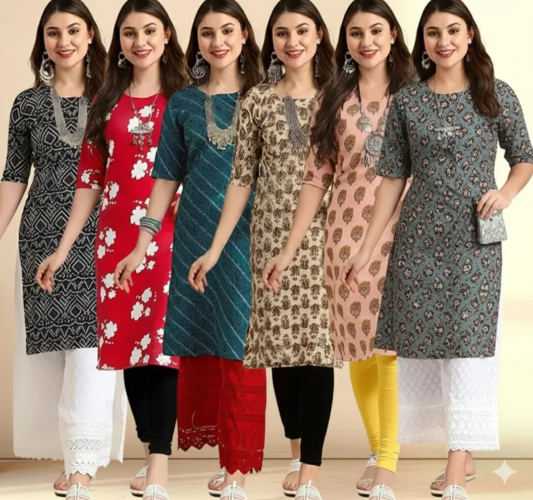 Stylish Women's Crepe Digital Printed Straight Kurti (Pack of 6)