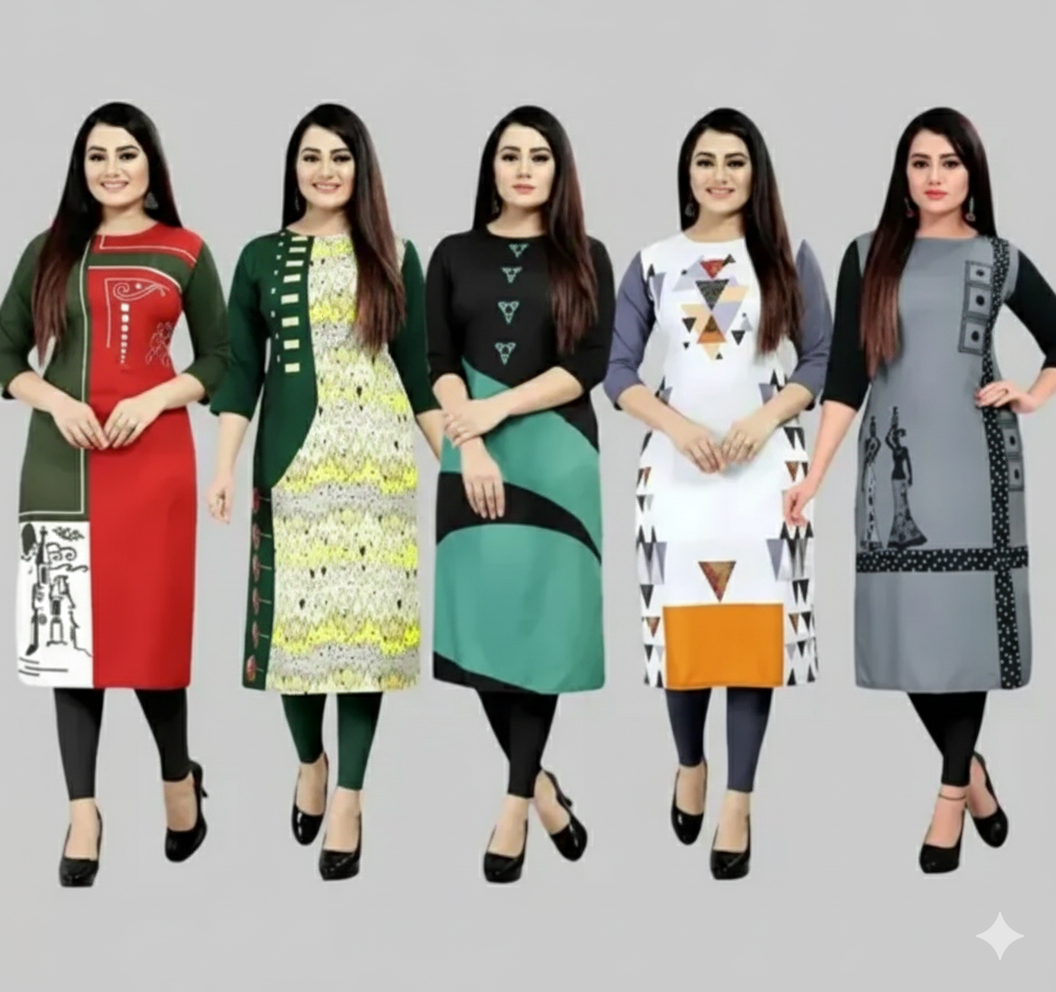 Alisha Voguish Crepe Printed Kurtis (Combo of 5)