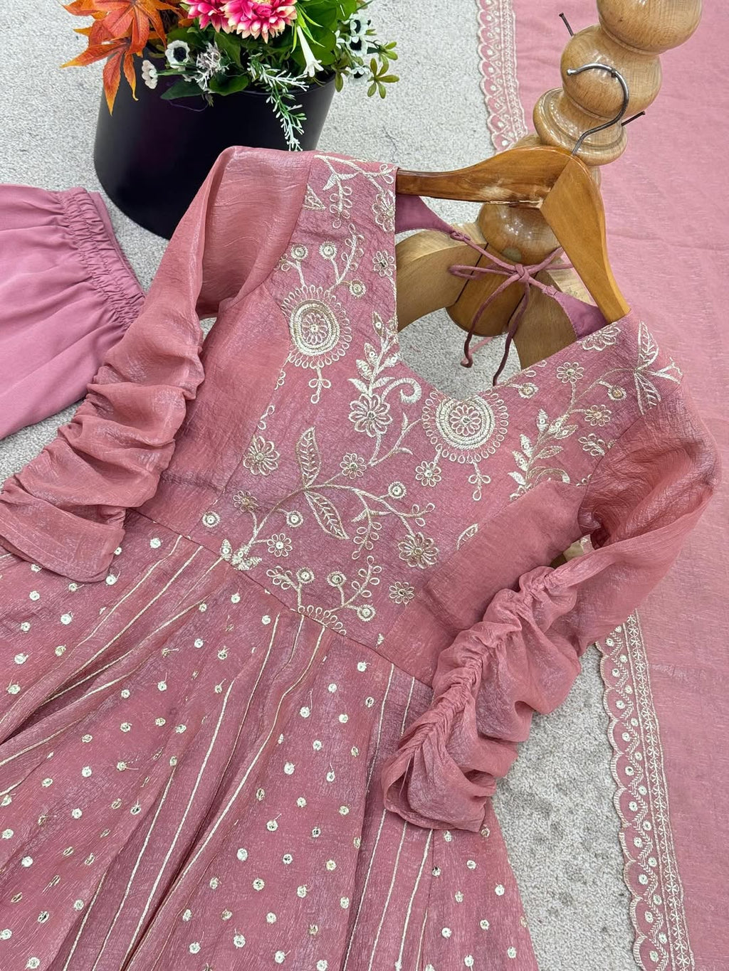 🌸💖 NEW PINK COLOR EMBROIDERY WORK GOWN SET 💖🌸